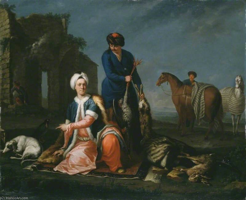 Portrait Of Henry Lannoy Hunter In Oriental Dress, Resting From Hunting, With A Manservant Holding Game — Andrea Soldi
