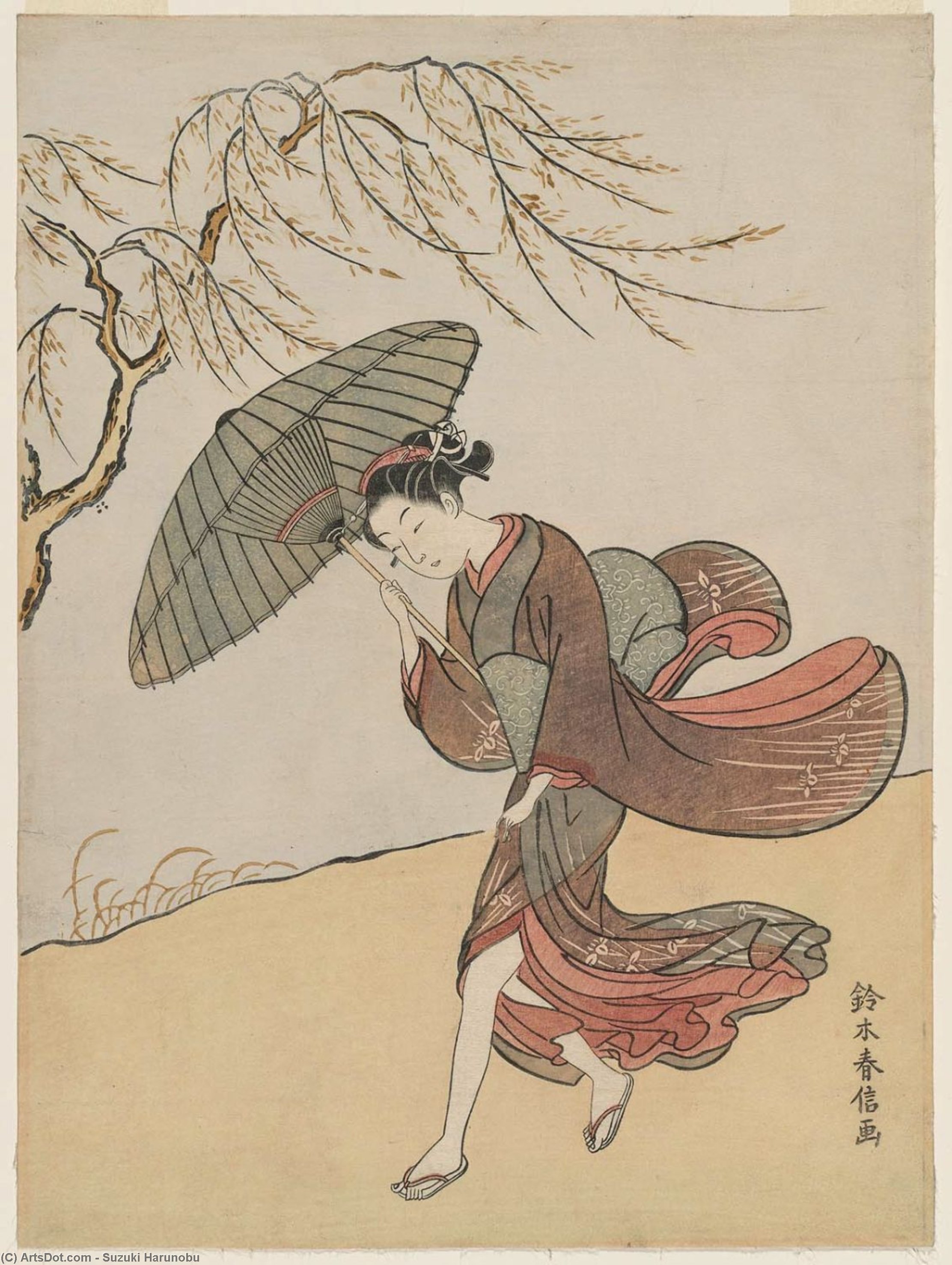 Young Woman Carrying An Umbrella In A Gust Of Wind — Suzuki Harunobu