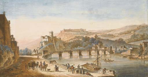 A View Of The Castle Stone Scize In Lyon, Of Figures On A Path Along The Saône — Victor Jean Nicolle