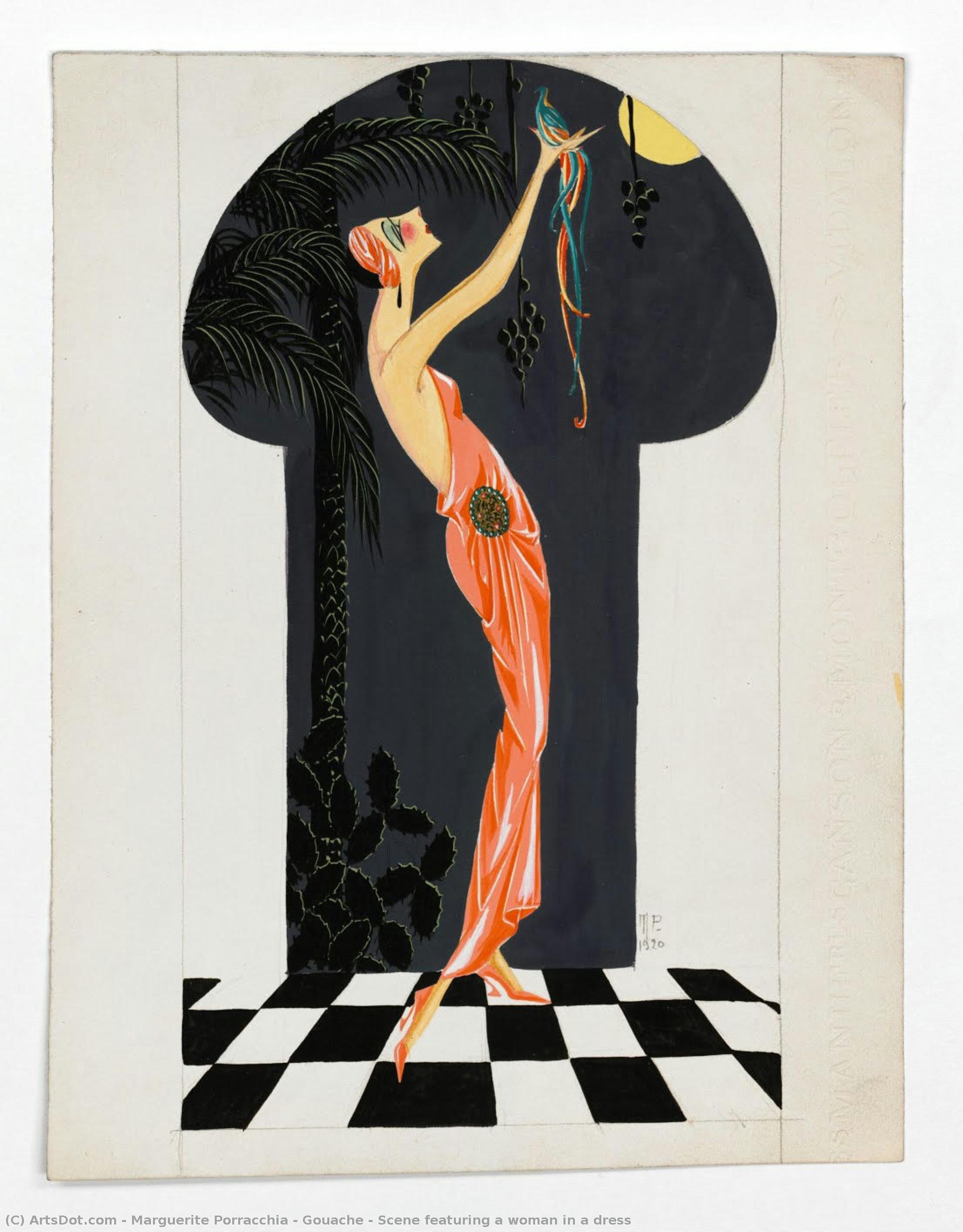 Gouache — Scene Featuring A Woman In A Dress — Marguerite Porracchia