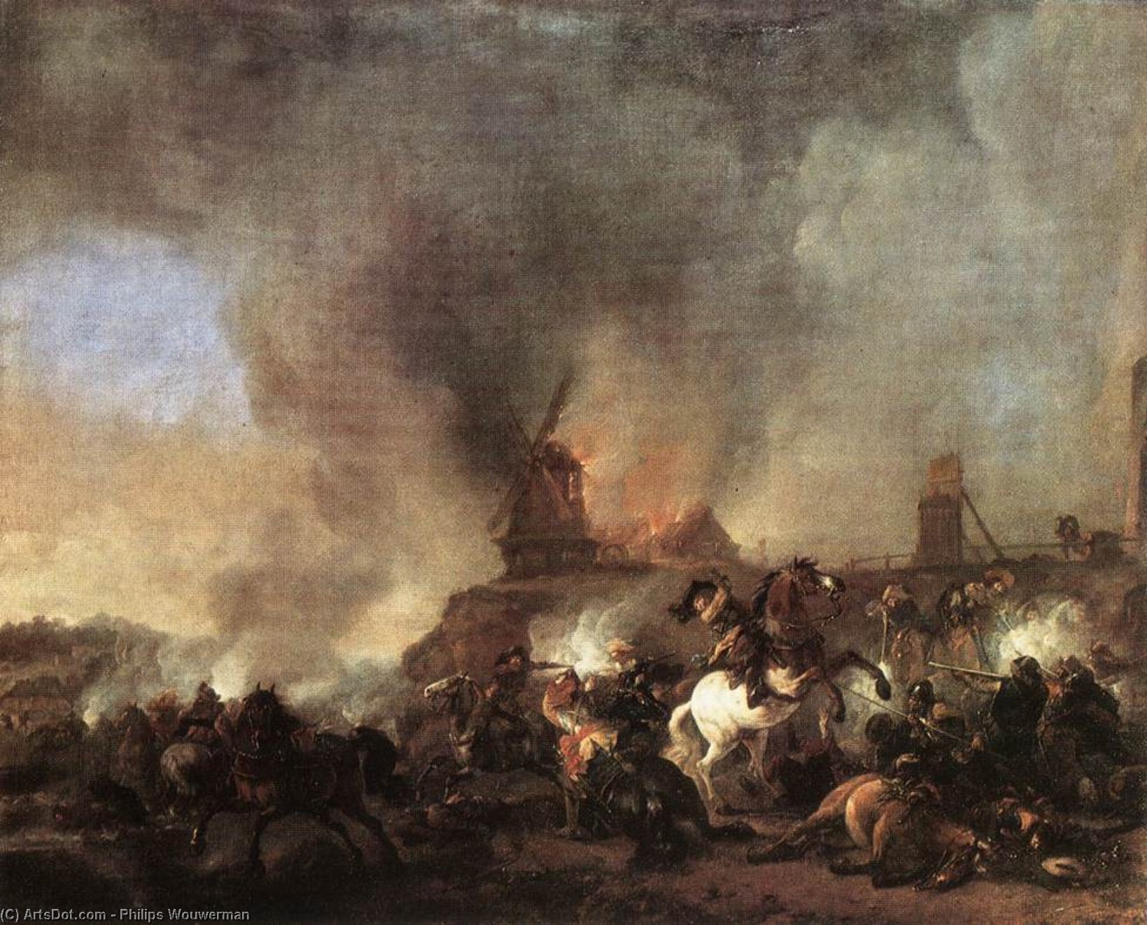 Cavalry Battle In Front Of A Burning Mill — Philips Wouwerman