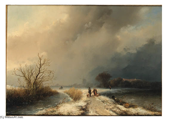 A Sportsman And Woodgatherers On A Snowy Track In A Winter Landscape — Johannes Franciscus Hoppenbrouwers