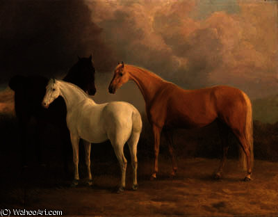 A Bay Hunter, A Palomino And A Grey Pony, In A Landscape — Sawrey Gilpin