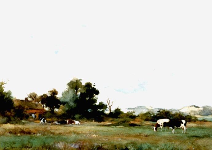 Cows In A Meadow Behind The Dunes — Adrianus Johannes Groenewegen