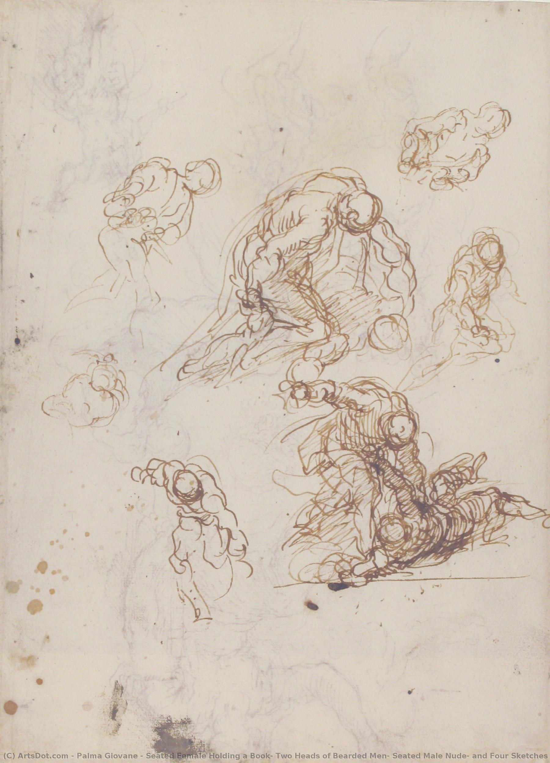 Seated Female Holding A Book, Two Heads Of Bearded Men, Seated Male Nude, And Four Sketches For Christ Judging (recto); Studies For Cain Slaying Abel (verso) — Jacopo Palma Il Giovane