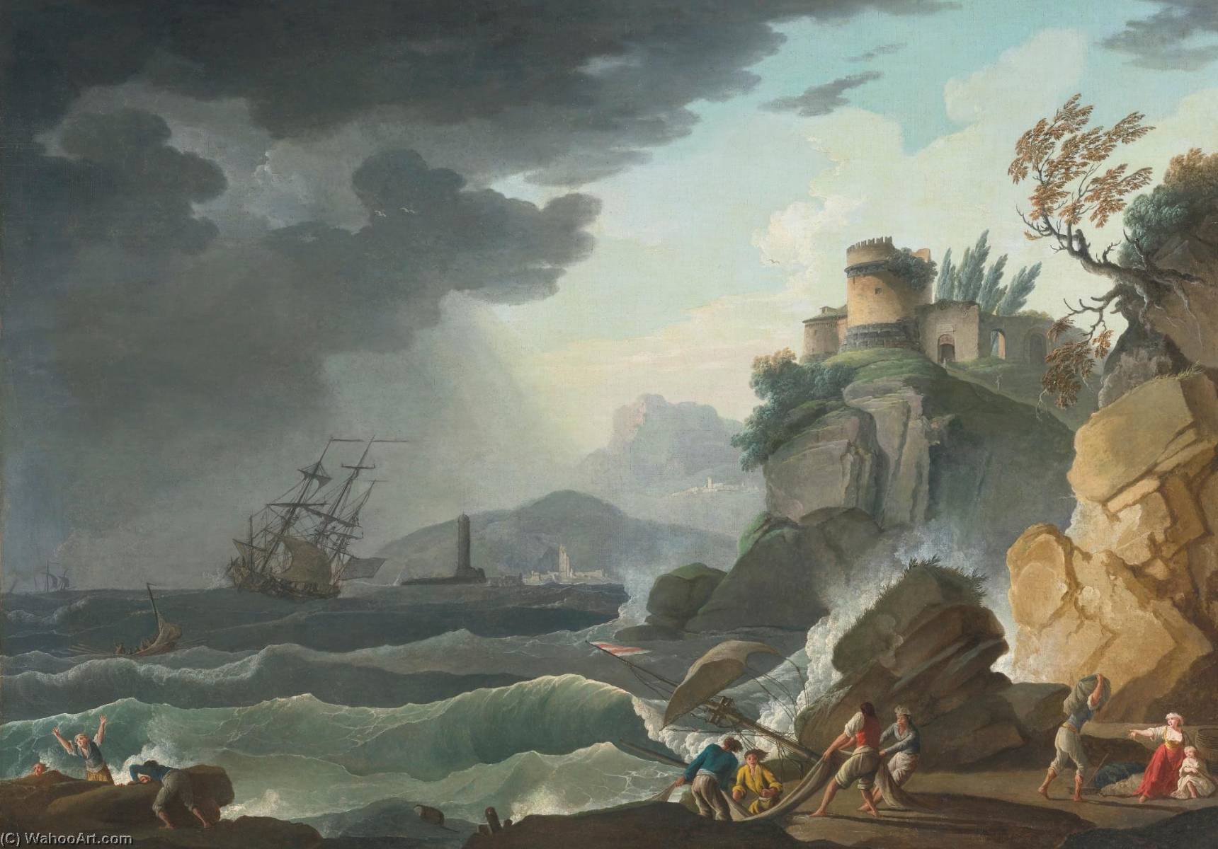 A Storm At Sea With Figures Being Rescued Along A Rocky Shore — Charles Francois Lacroix De Marseille