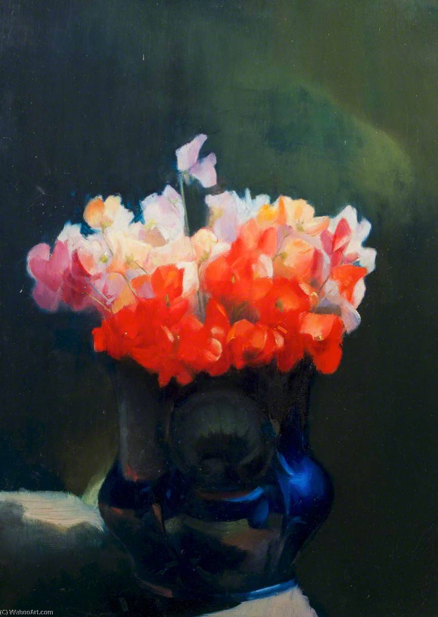 Sweet Peas In A Blue Glass Vase — Edgar Herbert Thomas