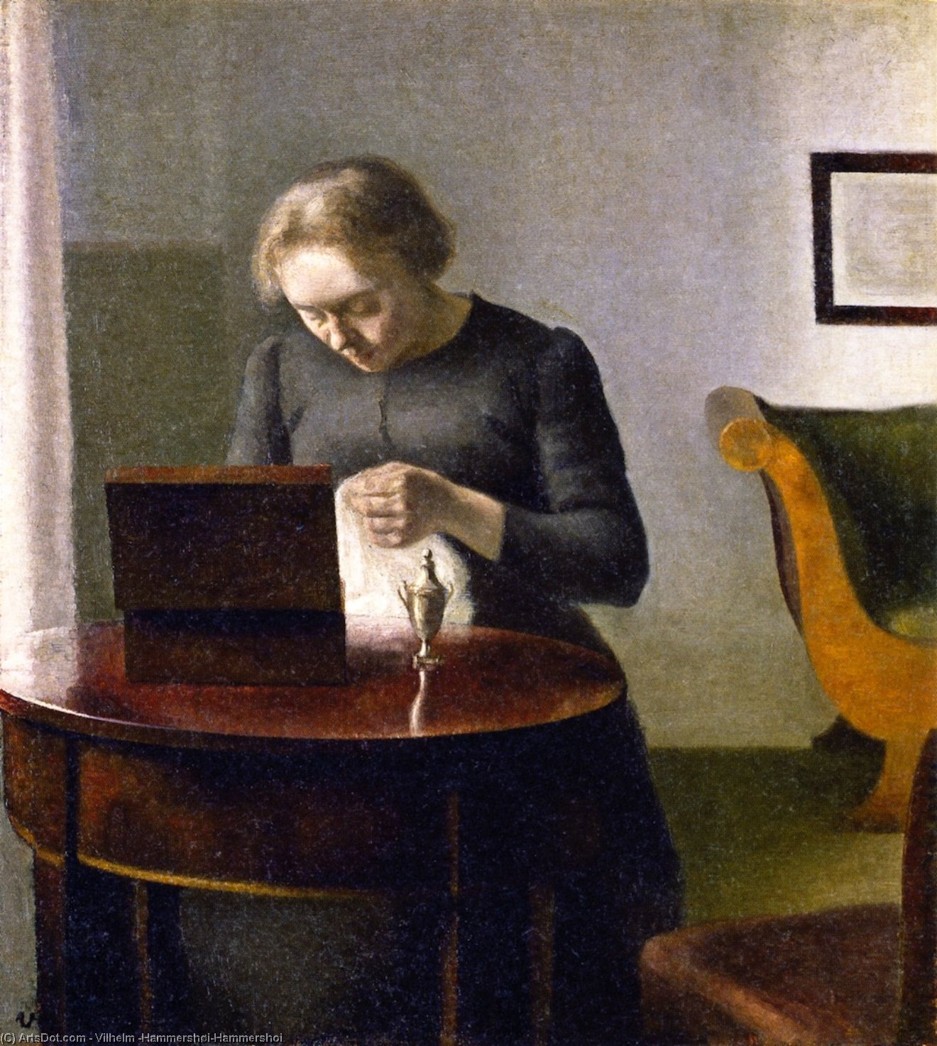 Interior With A Woman At A Sewing Table — Vilhelm Hamershoi