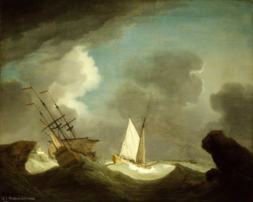 An Indiaman And A Royal Yacht In A Storm Off A Rocky Coast With A Castle — Peter Monamy