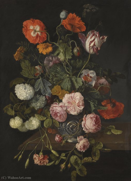 A Still Life With Parrot Tulips, Poppies, Roses, Snow Balls, And Other Flowers In A Glass Vase Over A Stone Ledge — Cornelis Kick