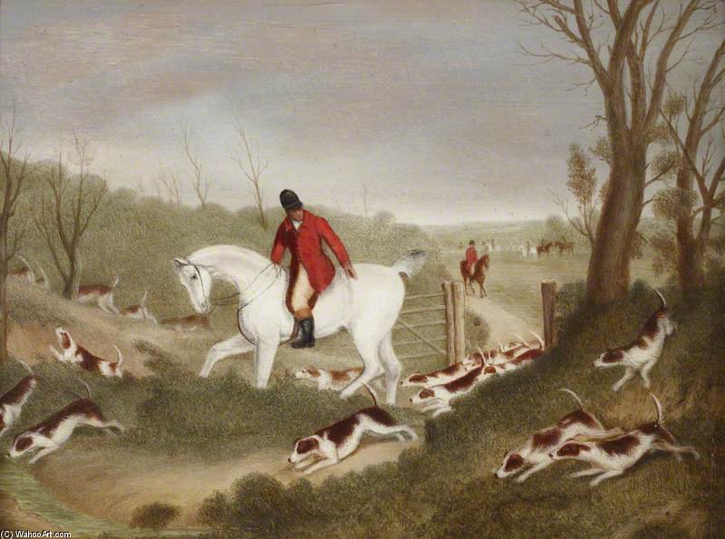 Hunting Scene - A Huntsman Encouraging Hounds Through A Gate — Richard Barrett Davis