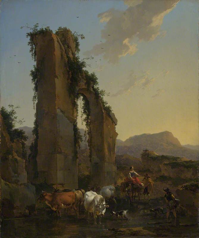 Peasants With Four Oxen And A Goat At A Ford By A Ruined Aqueduct — Nicolaes Pietersz Berchem