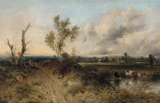 A Drover With Cattle Watering In A Extensive Landscape — Frederick Waters (william) Watts