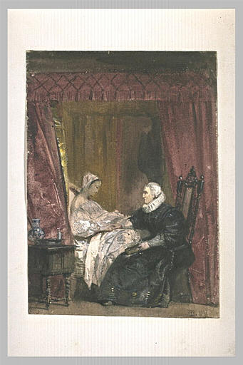 Old Woman Sitting With A Young Woman In Bed — Richard Parkes Bonington