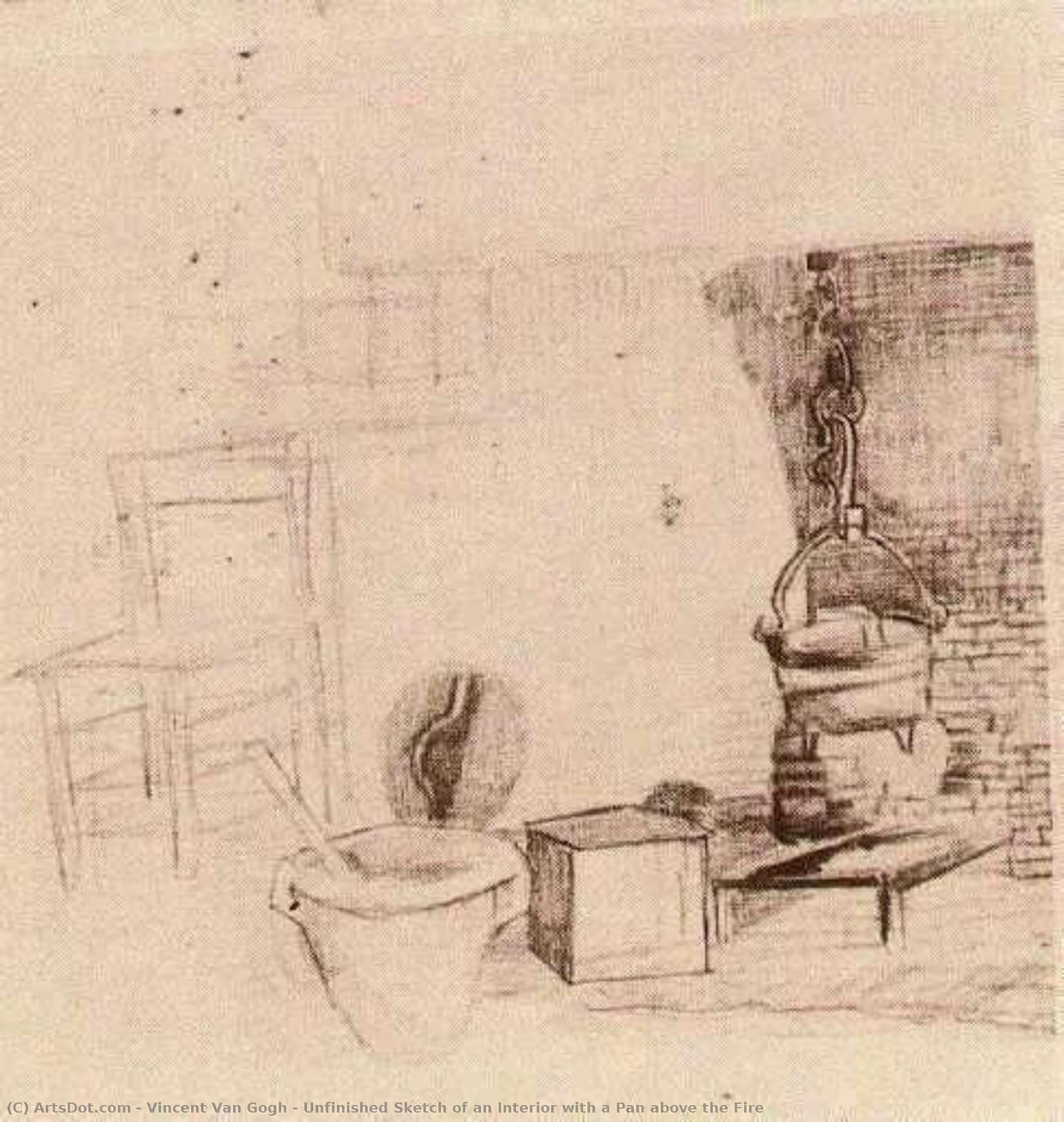 Esquema A Lápiz De Un Interior Con Un Pan Sobre La Chimenea — Vincent Willem Van Gogh
