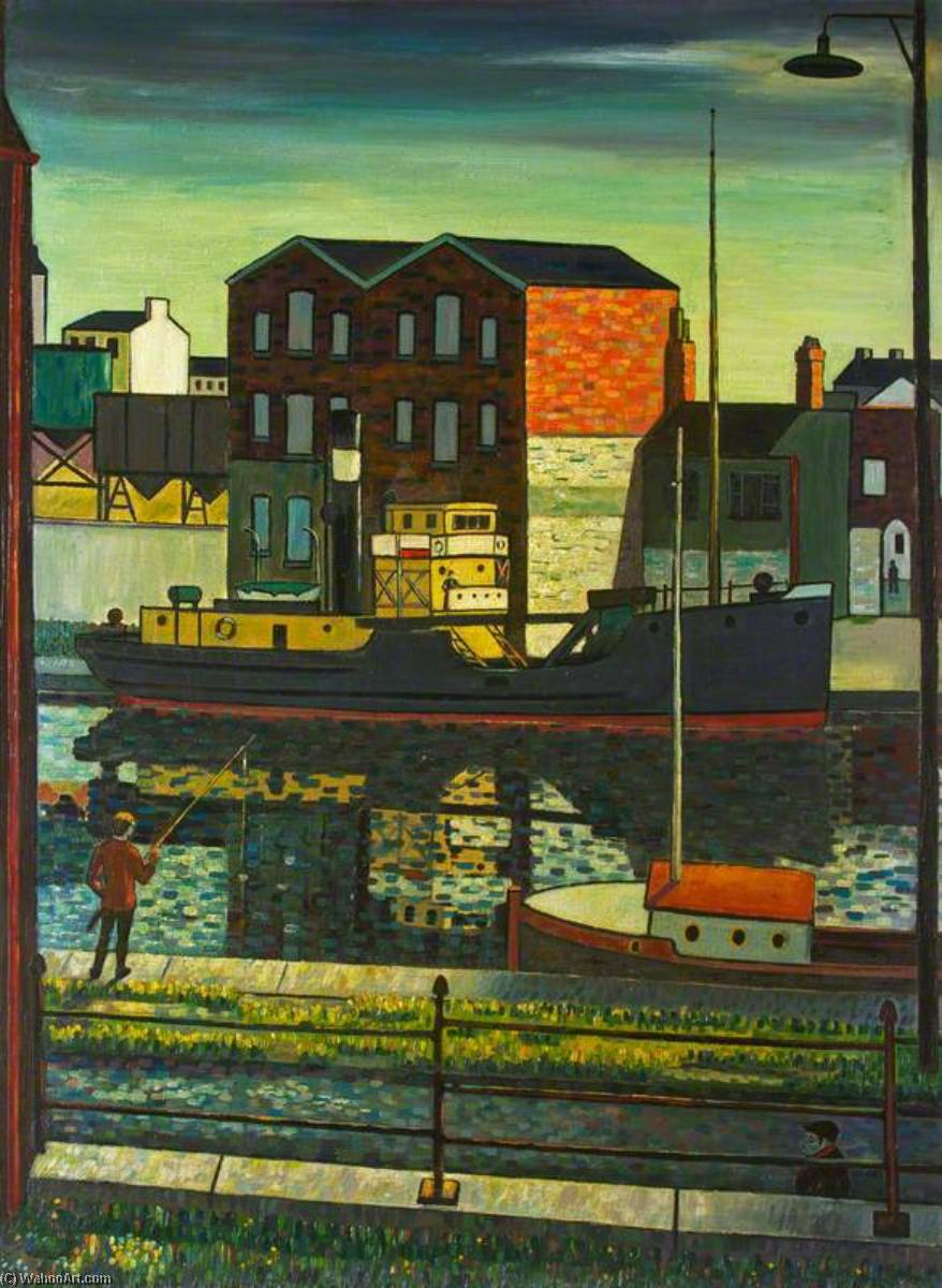 Figure Fishing By A Canal, A Figure Walking Close By, A Moored Ship Beyond — Charles Byrd