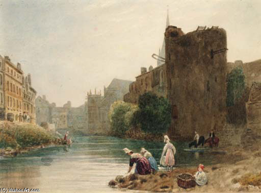 Women Washing Clothes In A French Town River — Frederick Nash