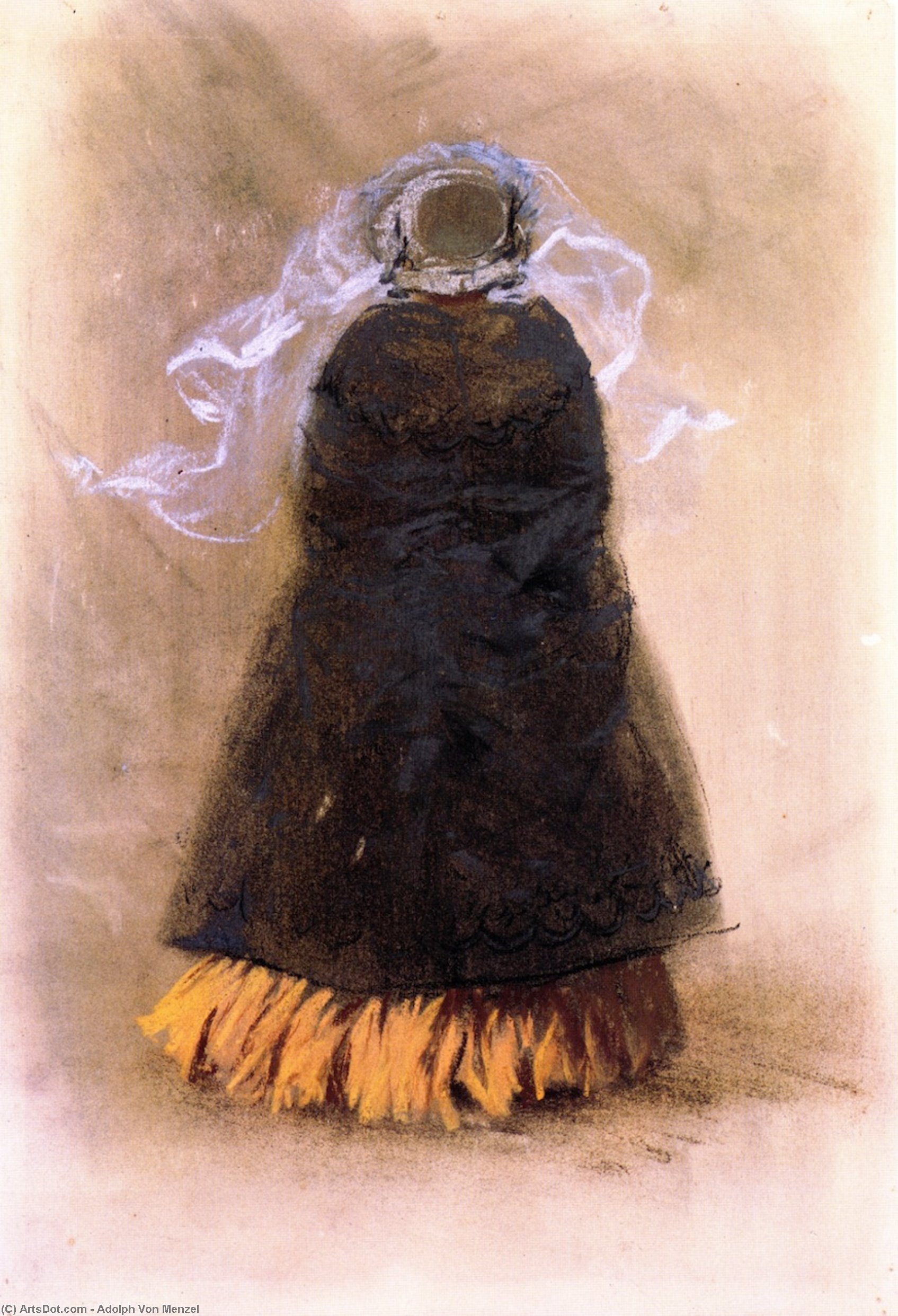 Lady With Hat And Veil, Viewed From Behind — Adolph Von Menzel