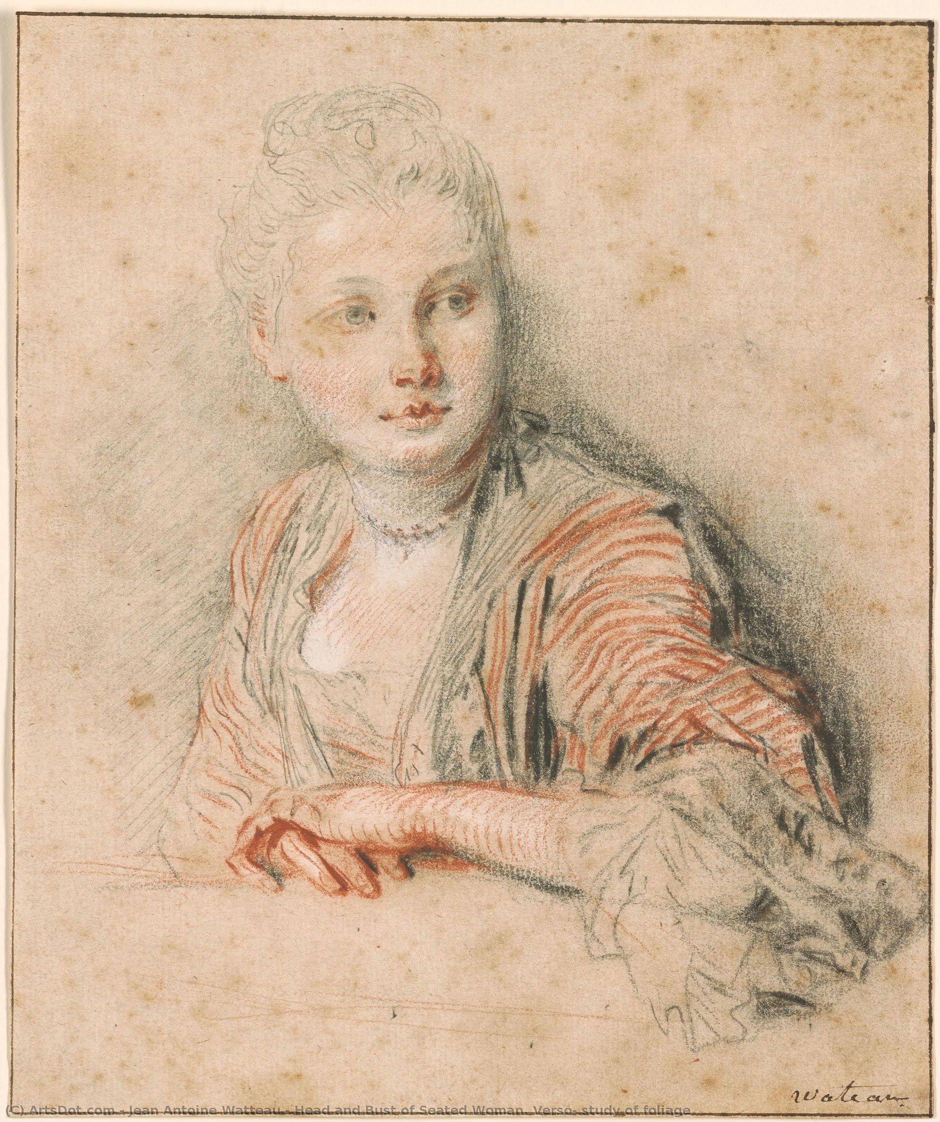 Head And Bust Of Seated Woman. Verso: Study Of Foliage — Jean-antoine Watteau