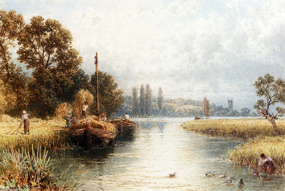 Loading The Hay Barges, With A Young Woman Taking Water From The River In The Foreground — Myles Birket Foster