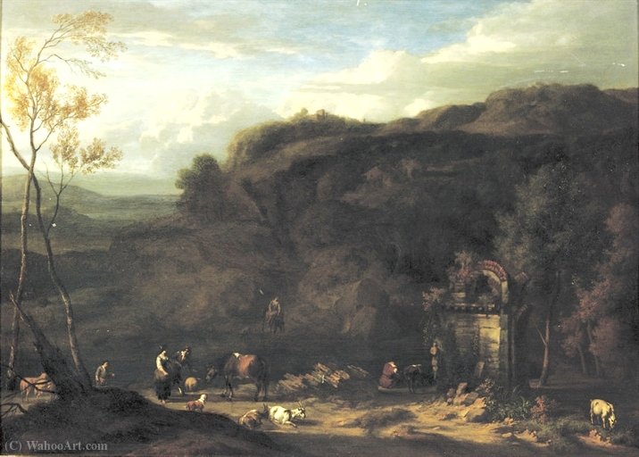 Italianate Landscape With Figures Near A Fountain — Jan Baptist Huysmans