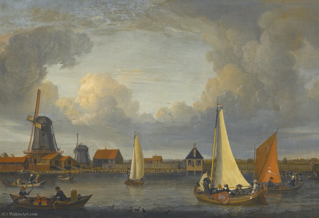 A River Landscape With Fishermen In Rowing Boats, Windmills Beyond — Abraham Storck (sturckenburch)