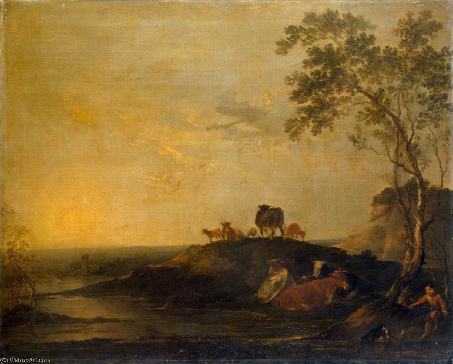Landscape With Cattle (cows On A Hillock By A Stream) — Peter Francis Bourgeois