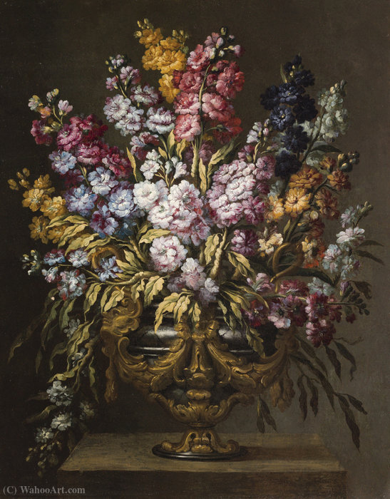 A Pair Of Still Lifes Of Flowers In Elaborate Gilt Urns, Each On A Stone Pedestal — Gabriel De La Corte