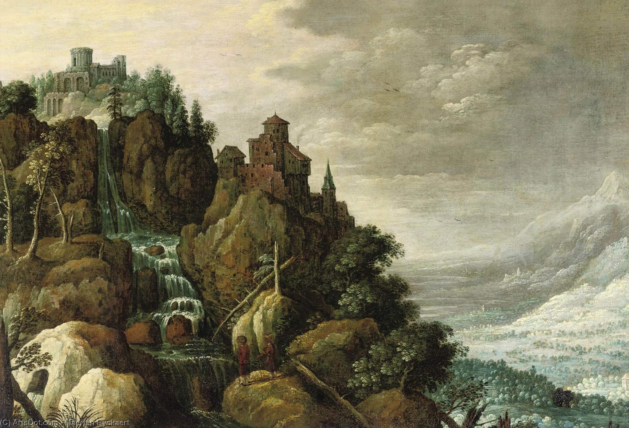 A Mountainous Landscape With A Waterfall And A Fortification On The Rocks, Figures Conversing In The Foreground — Maerten Ryckaert