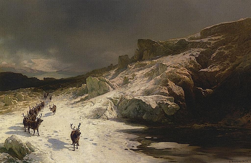 Elk In A Stormy Landscape — Herman Herzog