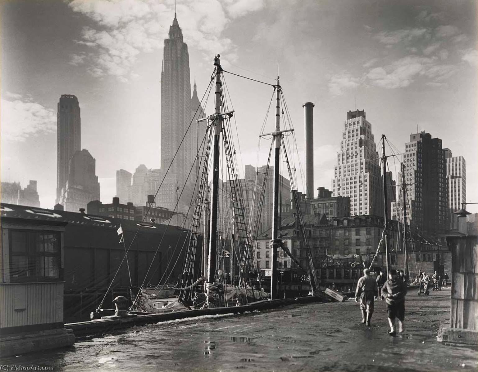 Fulton Street Dock, Manhattan Skyline — Berenice Abbott