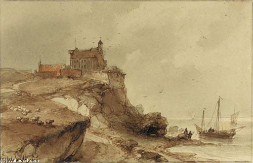 A Village With A Church On A Rocky Coast, Fishermen On The Beach Nearby — Andreas Schelfhout
