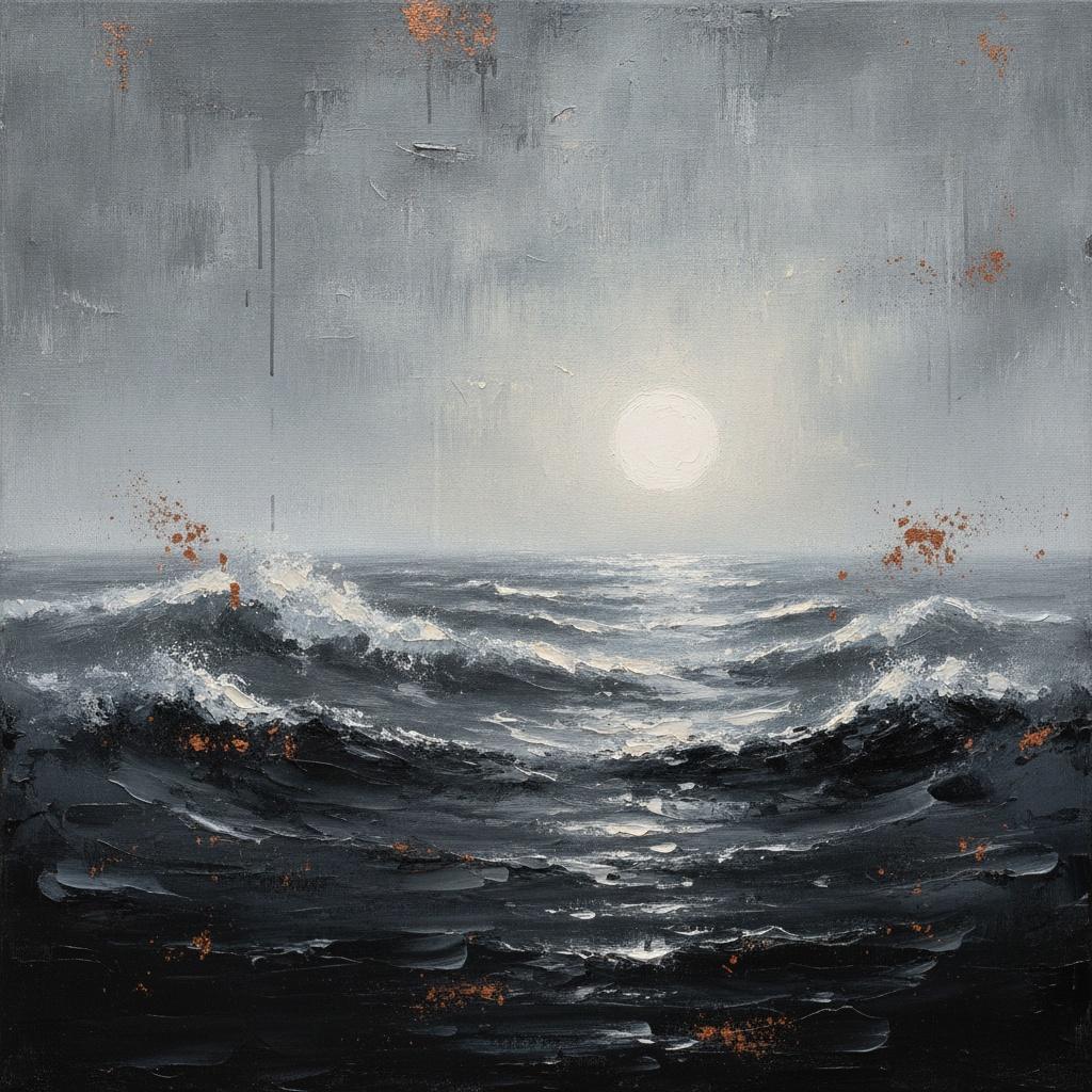 Charcoal Waves Under A Pale Rust-speckled Moon — Christian Noiret
