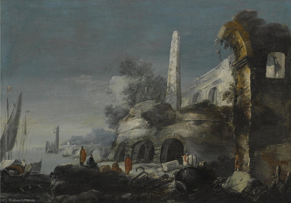 A Capriccio Coastal Scene With Figures By Ruins In The Foreground — Antonio Stom