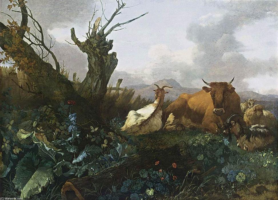 Cow, Goats And Sheep In A Meadow — Willem Romeijn