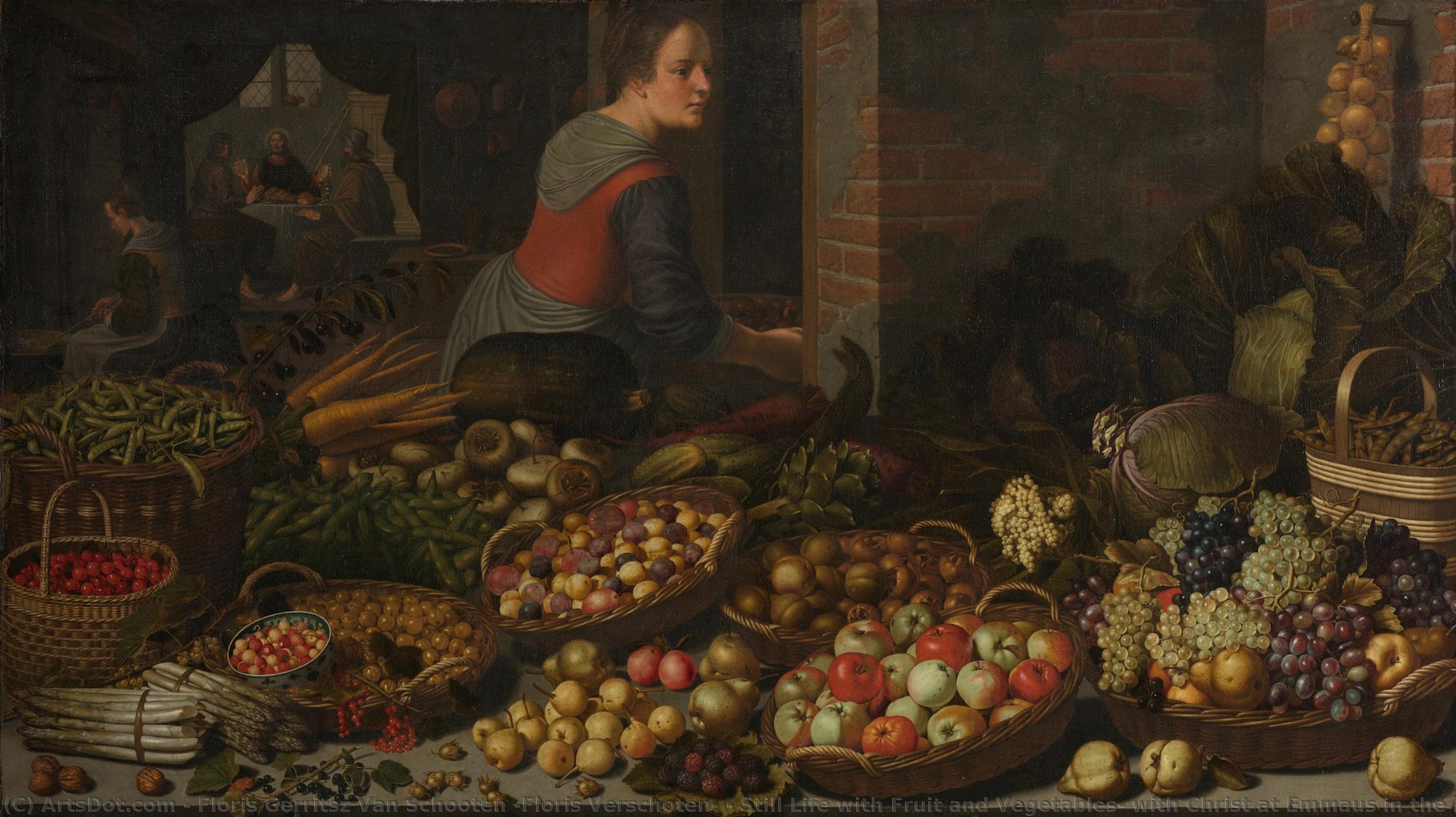 Still Life With Fruit And Vegetables, With Christ At Emmaus In The Background, Floris Gerritsz Van Schooten, C. 1630 — Floris Gerritsz Van Schooten (floris Verschoten)