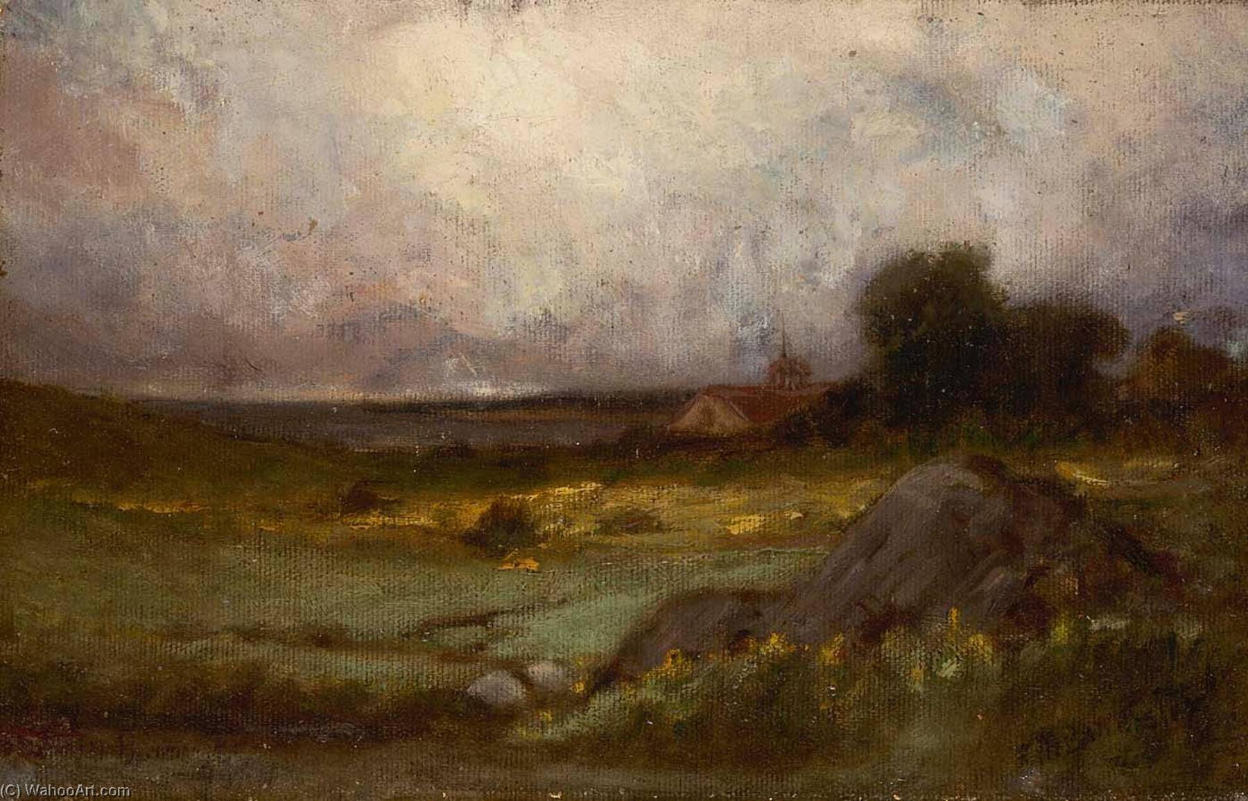 Untitled (landscape With Rock In Foreground And Roof With Steeple, Lake In Background) — Edward Mitchell Bannister