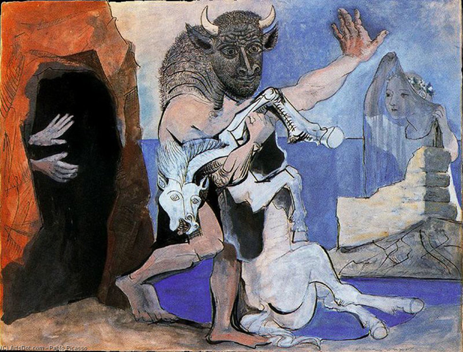 Minotaurus Und Tote Esel Vor Einer Höhle Und Mädchen Mit Schleier — Pablo Picasso