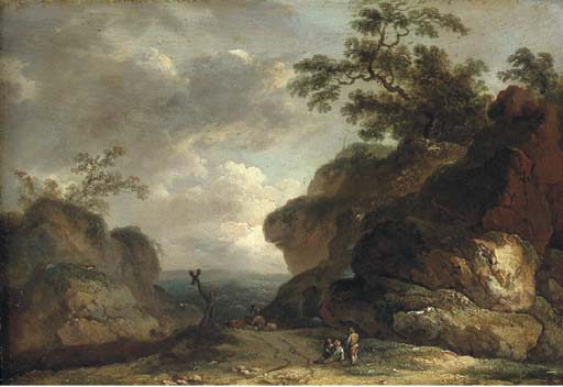 A Rocky Wooded Landscape With Figures By The Side Of A Track And A Herdsman And Livestock Beyond — James Arthur O Connor