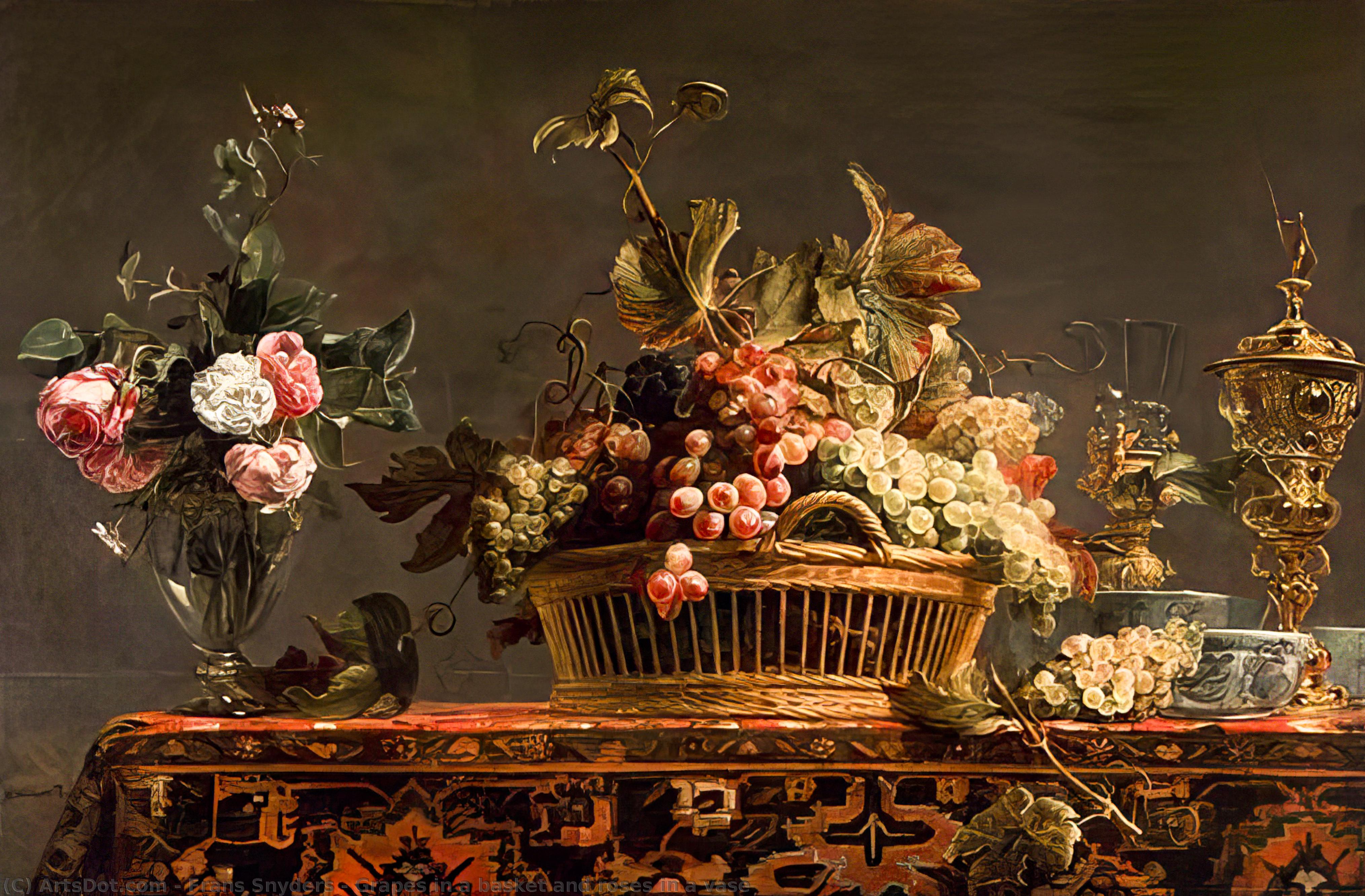Weintrauben In Einem Korb Und Rosen In Einer Vase — Frans Snyders