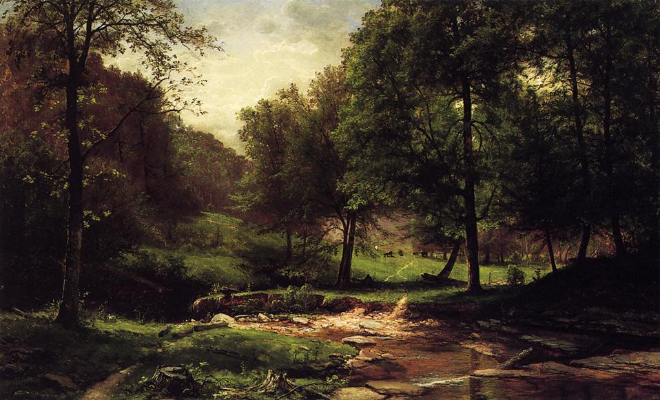 Stream With Field And Grazing Cattle — George Hetzel