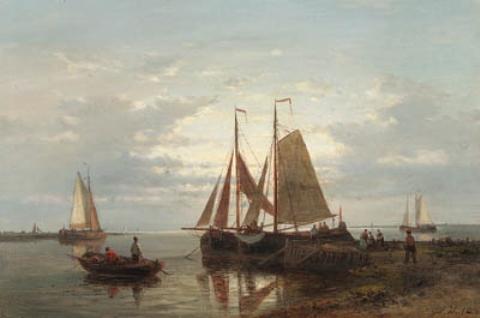 Moored Fishing Boats In A Calm With Fishing-folk On A Jetty — Abraham Hulk Senior