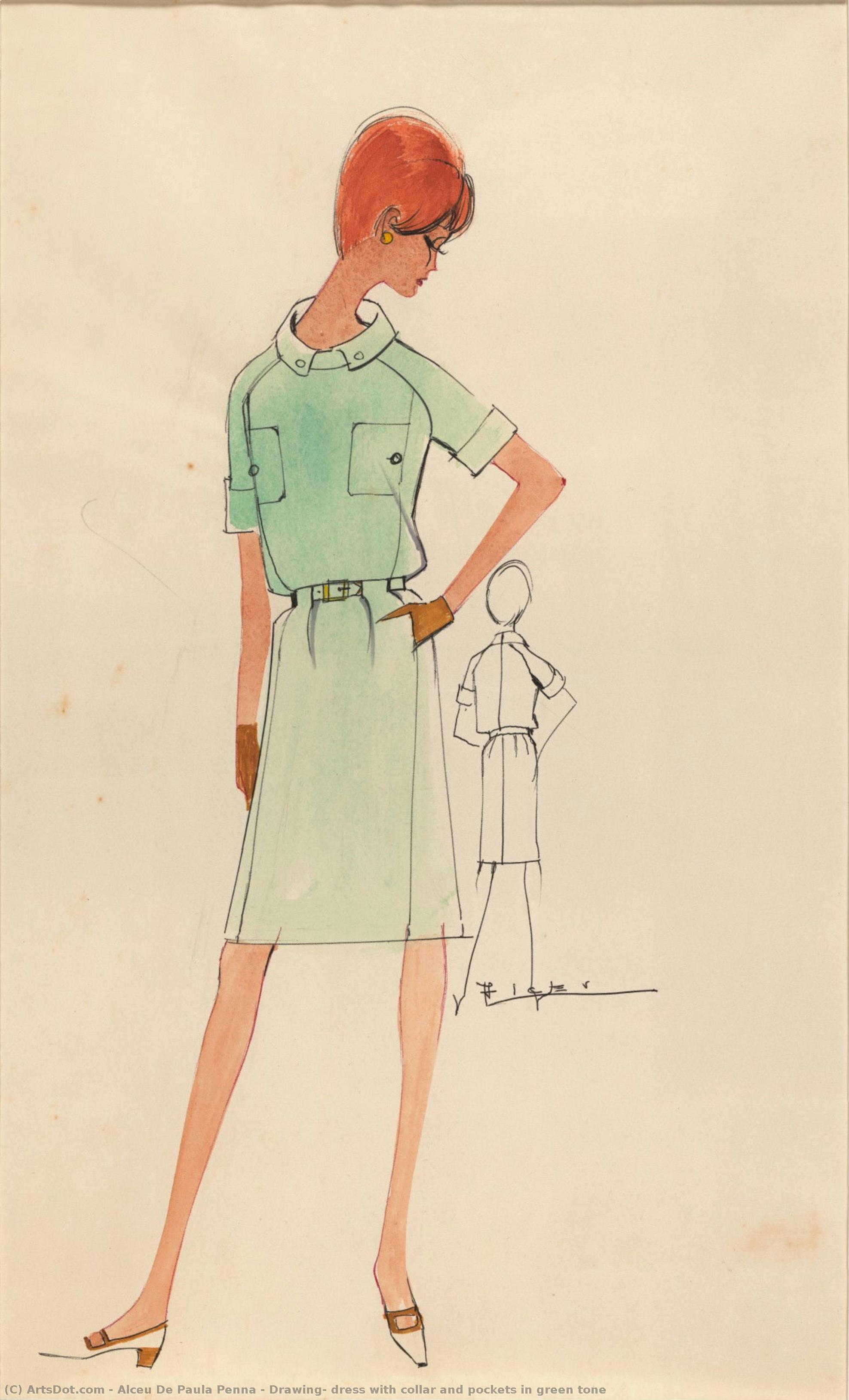 Drawing, Dress With Collar And Pockets In Green Tone — Alceu De Paula Penna