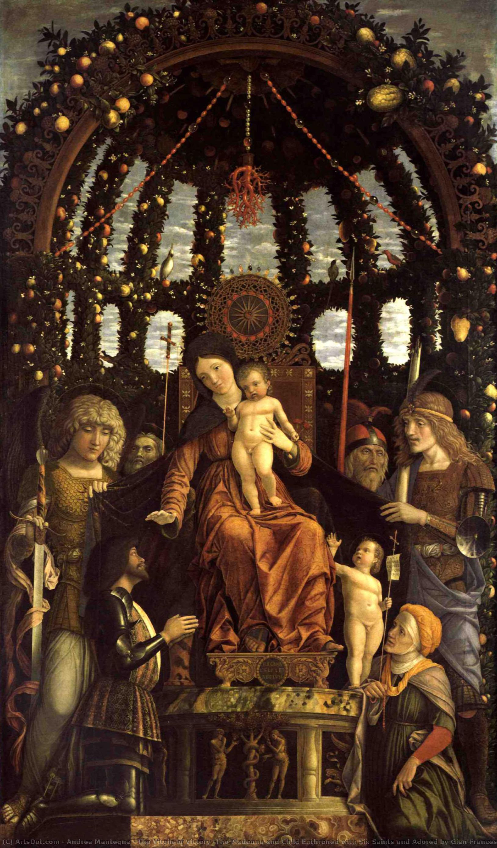 Die Jungfrau Der Sieges (die Unbefleckte Maria Mit Dem Heiligen Kind Auf Einem Thron Mit Sechs Heiligen Und Verehrt Von Gian Francesco Ii Gonzaga) — Andrea Mantegna