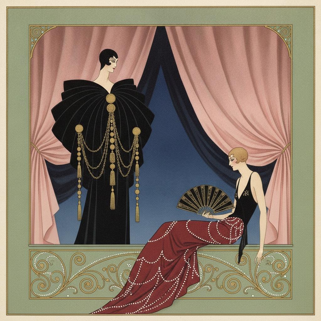 Figures In Crimson And Gold Amidst Sculptural Black Drapery — Valentin Laurent De Courcey