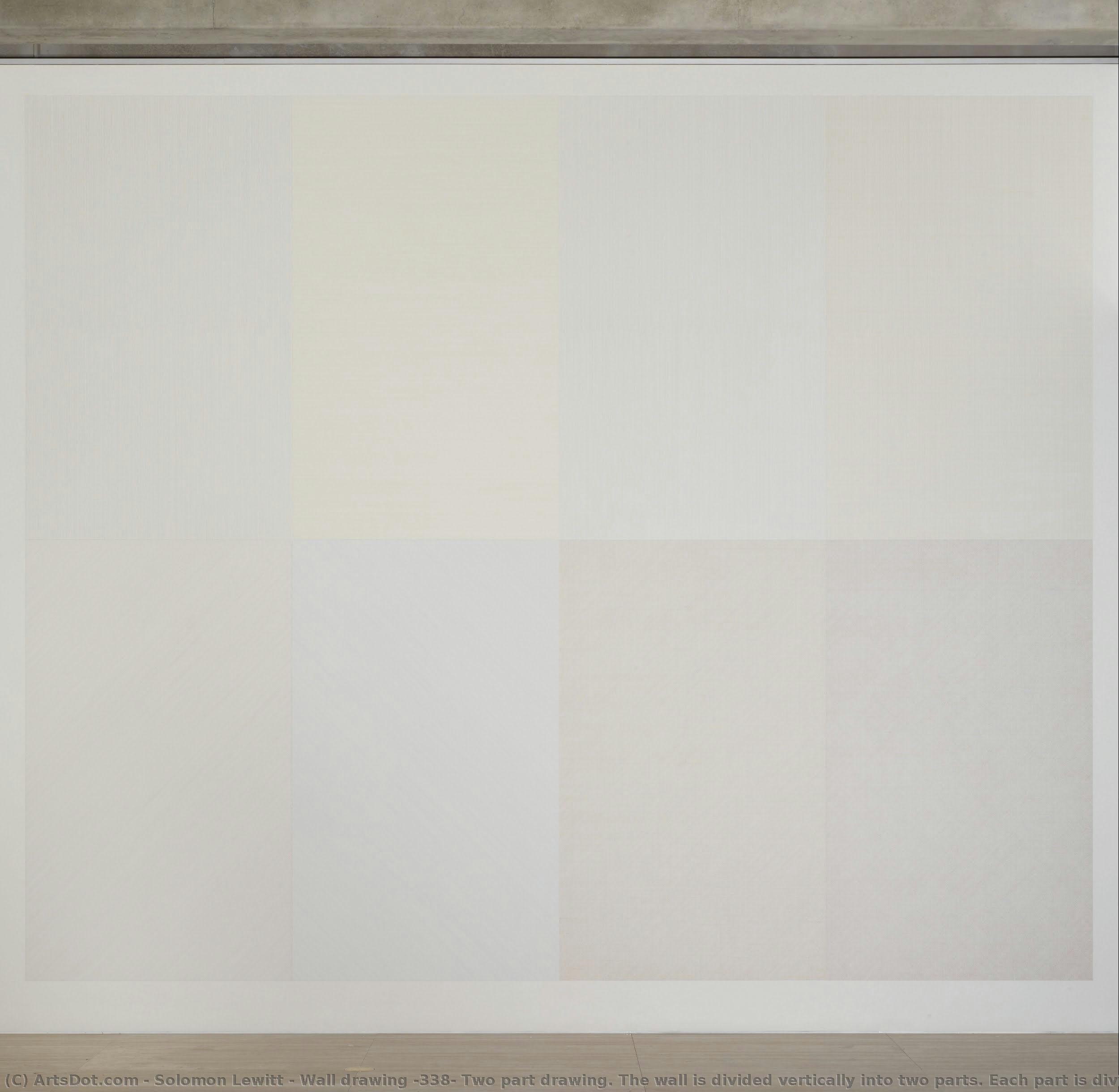 Wall Drawing #338: Two Part Drawing. The Wall Is Divided Vertically Into Two Parts. Each Part Is Divided Horizontally And Vertically Into Four Equal Parts. 1st Part: Lines In Four Directions, One Direction In Each Quarter. 2nd Part: Lines In Four Dir.... — Solomon Lewitt