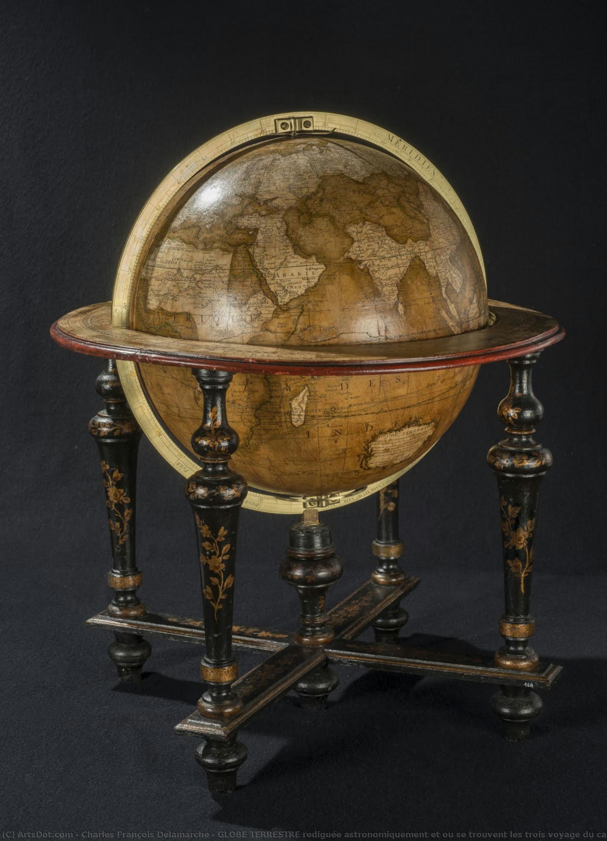 Globe Terrestre Rediguée Astronomiquement Et Ou Se Trouvent Les Trois Voyage Du Capit. Cook, Ses Decouvertes Depuis Le Mois D’avril 1768 Jusqu’an 14 Fév. 1779 Époque De Sa Mort À L’ille D‘owhyhee, La Route Et Le Retour De Ses Deux Vaiseaux Depuis La .... — Charles François Delamarche