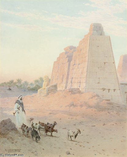 An Arab Bedouin With His Flock Of Goats Before A Pylon At Karnak — Robert George Talbot Kelly