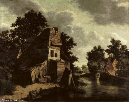 A House In A Wooded River Landscape With A Washerwoman In The Foreground — Cornelius Decker