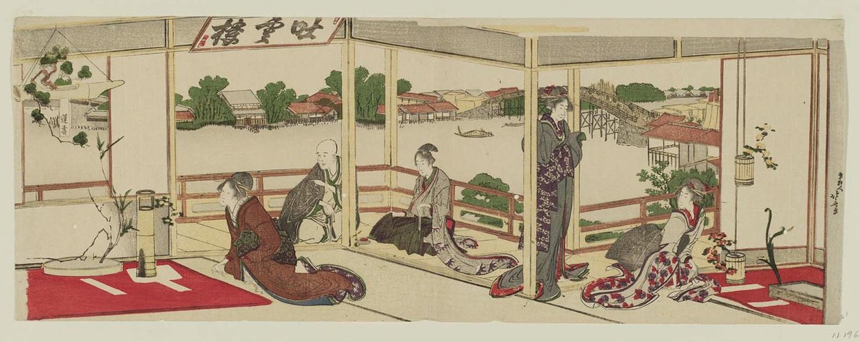 Exhibition Of Flower Arrangements In A Room Overlooking The Sumida River — Katsushika Hokusai